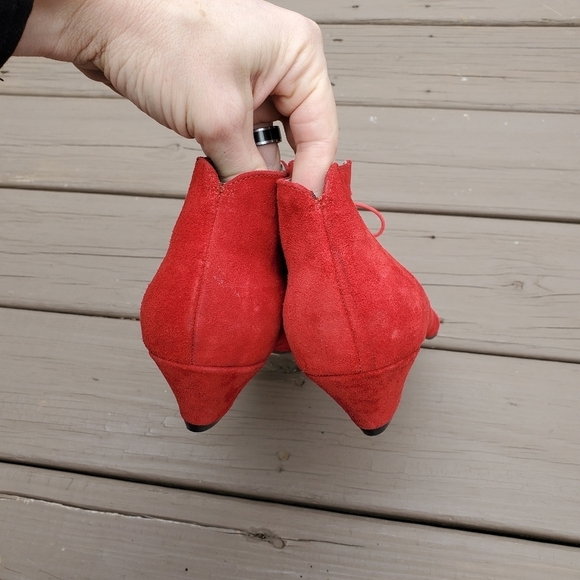 Vintage 80s Red Suede Leather Retro Pin Up Girl Lace-up Granny Lolita Booties 11 - Picture 3 of 8